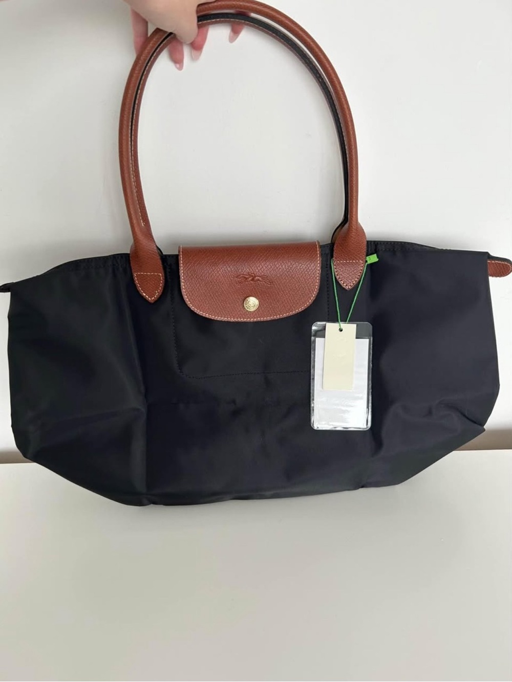 Longchamp Black Nylon Tote with Brown Leather Trim